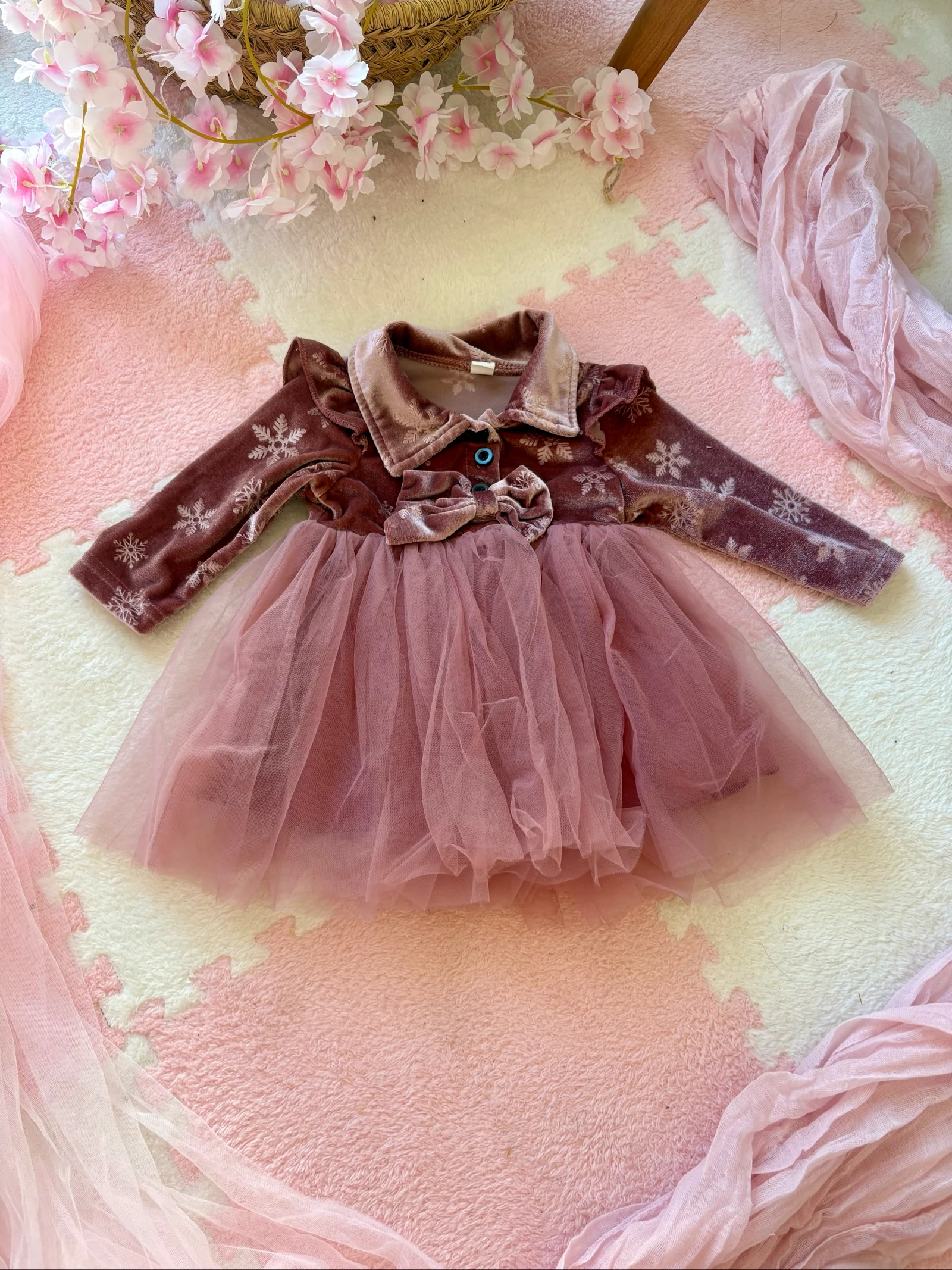 Robe bébé fille velours & tulle rose – manches longues – 3 mois